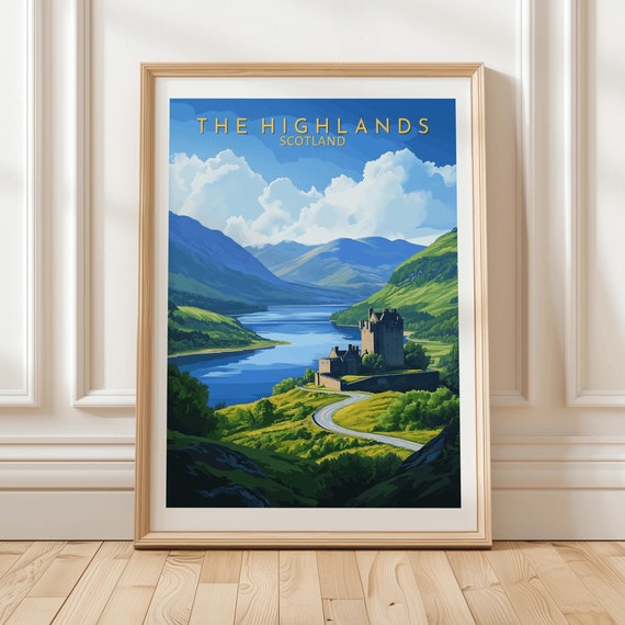 Scottish Highlands Travel Poster Featuring Mountain Valley River Road And Historic Castle In Lush Green Hills Landscape Illustration Gift