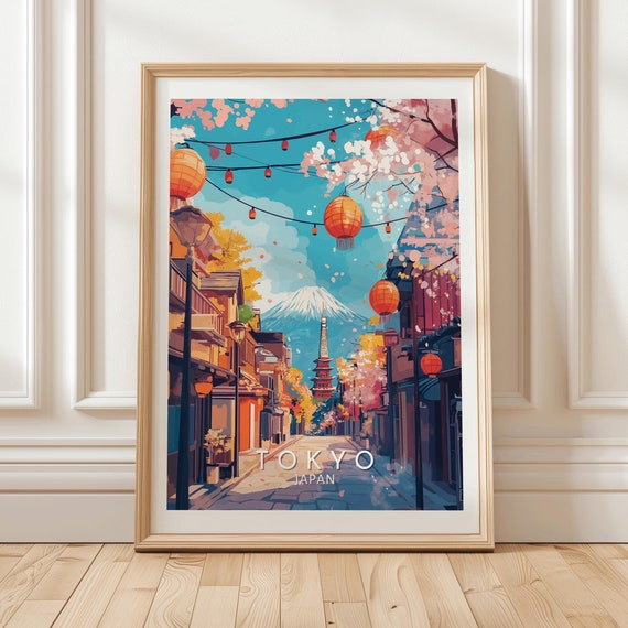 Tokyo Japan Street Art Print With Mount Fuji Pagoda Lanterns And Cherry Blossoms For Japanese Home Decor Travel Lovers Traveler Gift