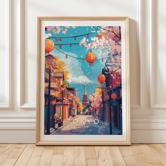 Tokyo Japan Street Poster with Mount Fuji Pagoda Lanterns and Cherry Blossoms