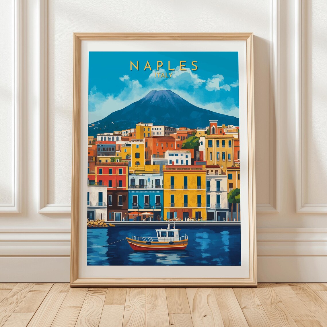 Naples Italy Colorful Waterfront Vesuvius Boat Coastal Poster