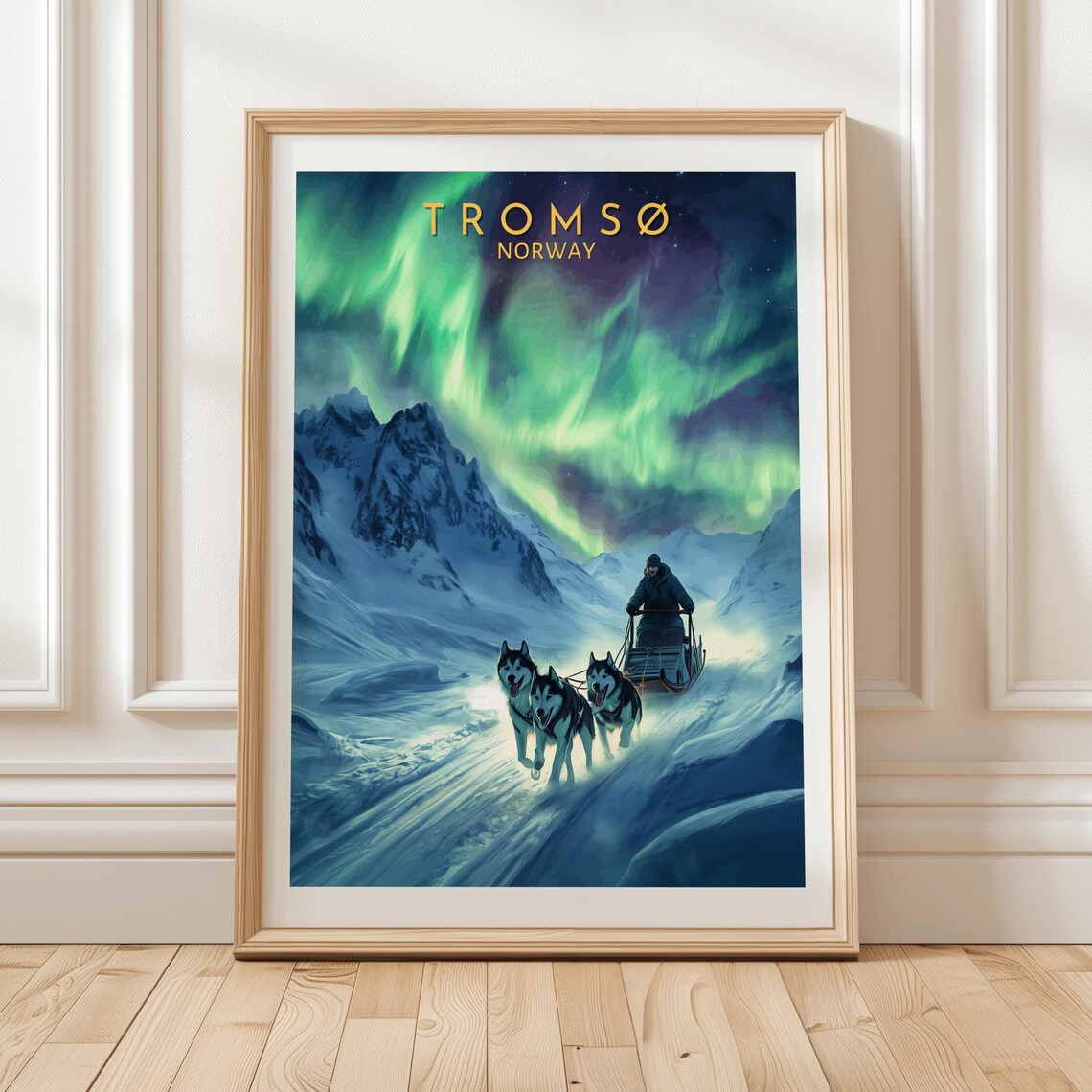 Tromso Norway Northern Lights Dog Sledding Arctic Travel Poster