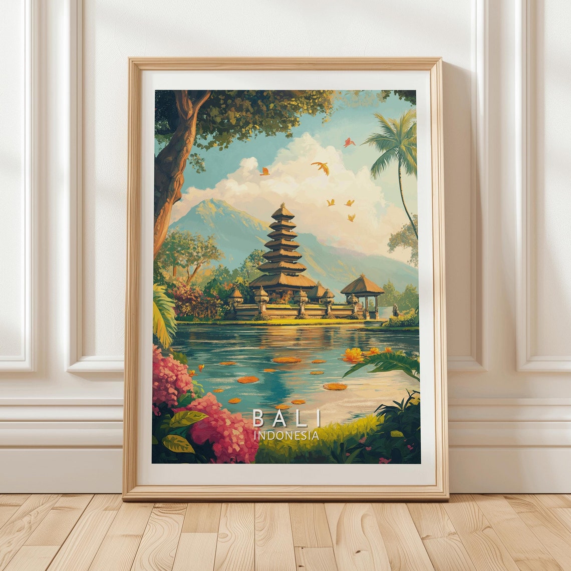 Bali Indonesia Tiered Temple Over Water Mount Agung Travel Poster