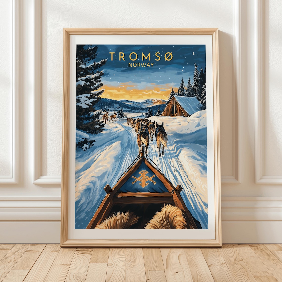 Tromsø Norway Dog Sledding Sunset Snowy Cabin Winter Adventure Poster