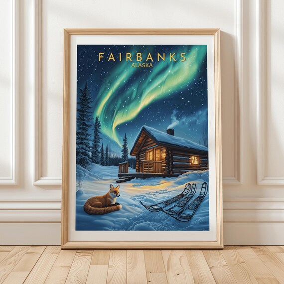 Fairbanks Alaska Winter Landscape Art Print Featuring Northern Lights Above Log Cabin With Snowy Forest Sled Trails And Resting Red Fox