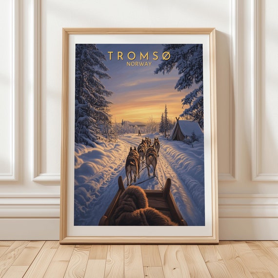 Troms Norway Winter Dog Sledding Art Print Featuring Huskies Snowy Forest Trail Arctic Sunset And Cozy Sled Ride Scene Adventure Gift