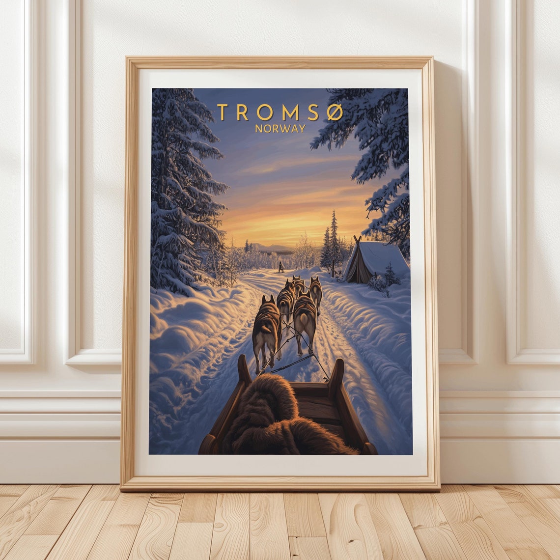 Troms Norway Winter Dog Sledding Art Print Featuring Huskies Snowy Forest Trail Arctic Sunset And Cozy Sled Ride Scene Adventure Gift