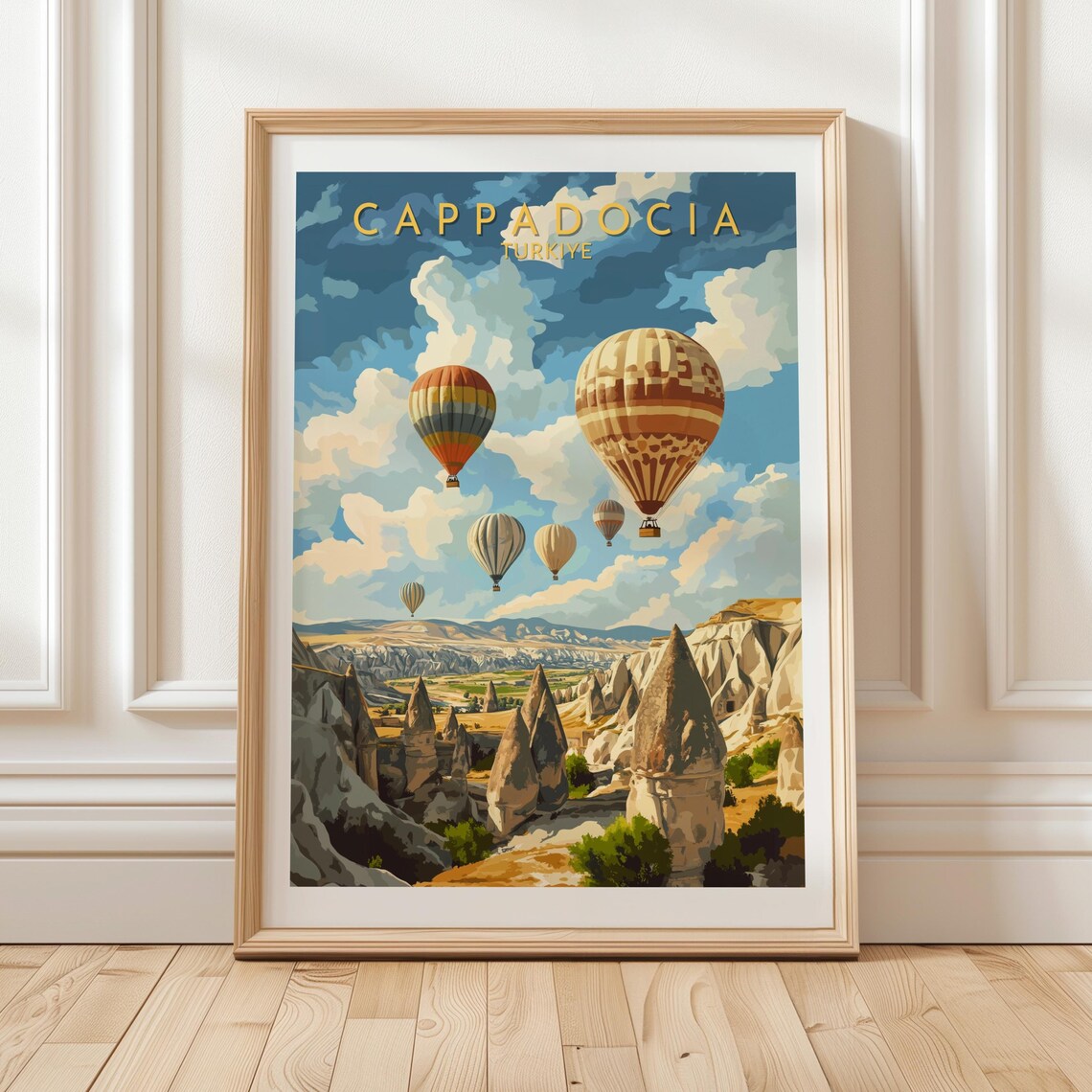 Cappadocia Turkiye Hot Air Balloon Poster with Fairy Chimneys Valley Art