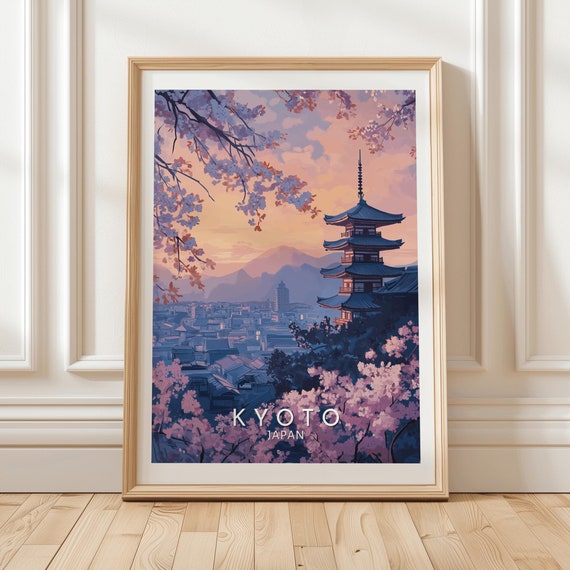 Kyoto Japan Cherry Blossom Wall Art Print With Pagoda At Sunset Traditional Japanese Cityscape Poster For Home Or Travel Decor Gift
