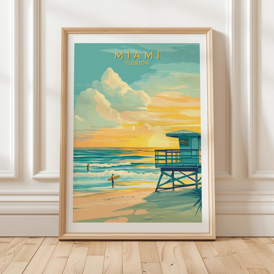 Miami Florida Beach Sunset Lifeguard Tower Surfer Travel Poster
