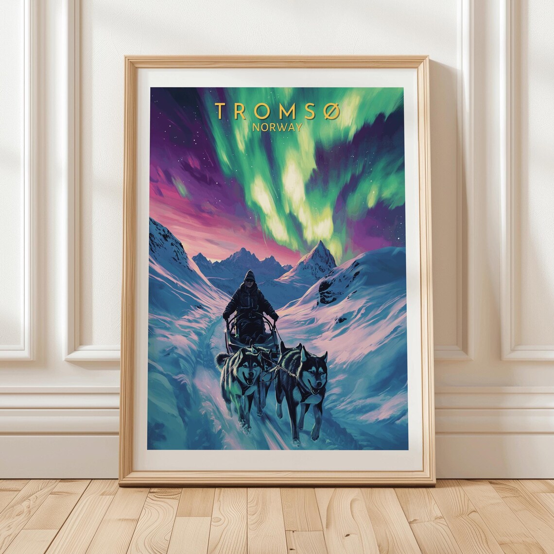 Tromsø Norway Northern Lights Dog Sledding Arctic Night Travel Poster