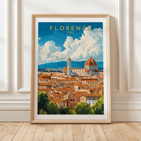 Florence Italy Duomo Cityscape Red Rooftops Blue Sky Travel Poster