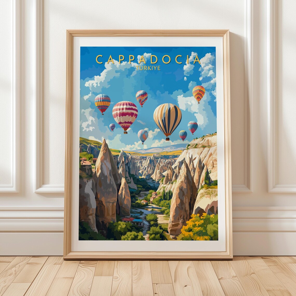 Cappadocia Turkiye Hot Air Balloons Over Fairy Chimneys Valley Travel Poster