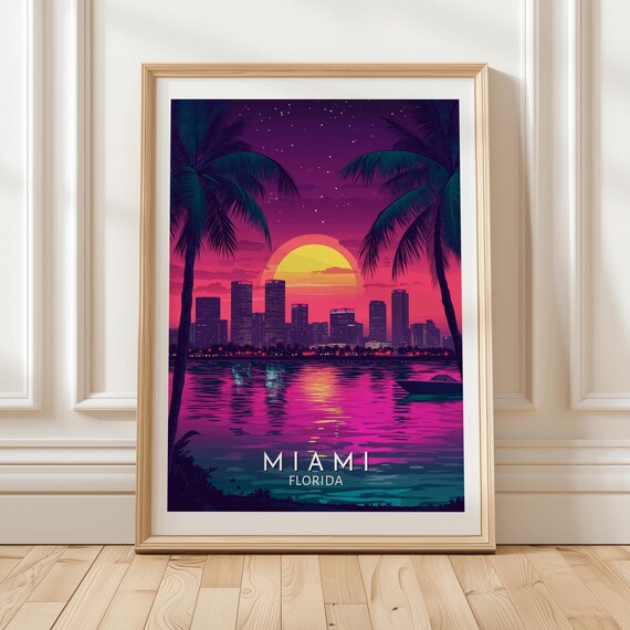 Miami Florida Neon Sunset Palm Trees City Skyline Travel Poster