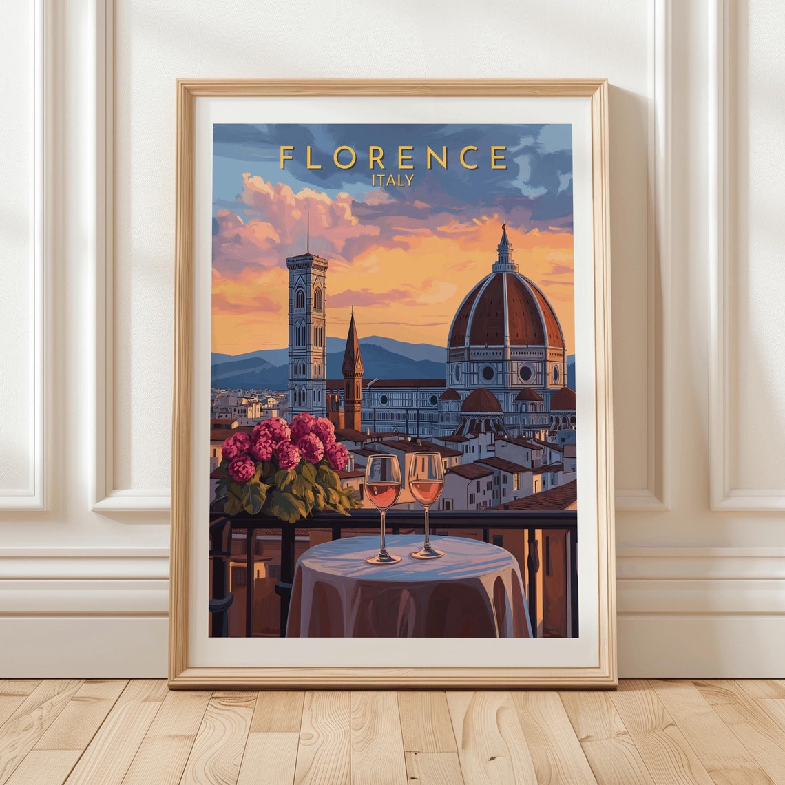 Florence Italy Duomo Sunset Balcony View Wine Glasses Travel Poster