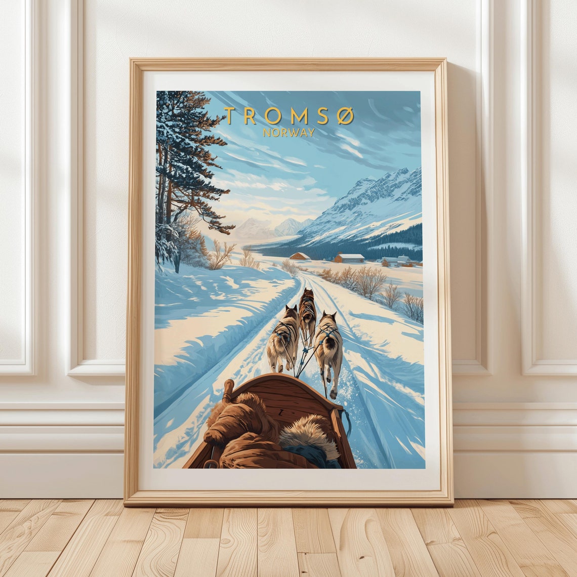 Troms Norway Dog Sledding Winter Poster Featuring Husky Sleigh Ride On Snow Trail Through Arctic Landscape And Scenic Mountain Valley Gift