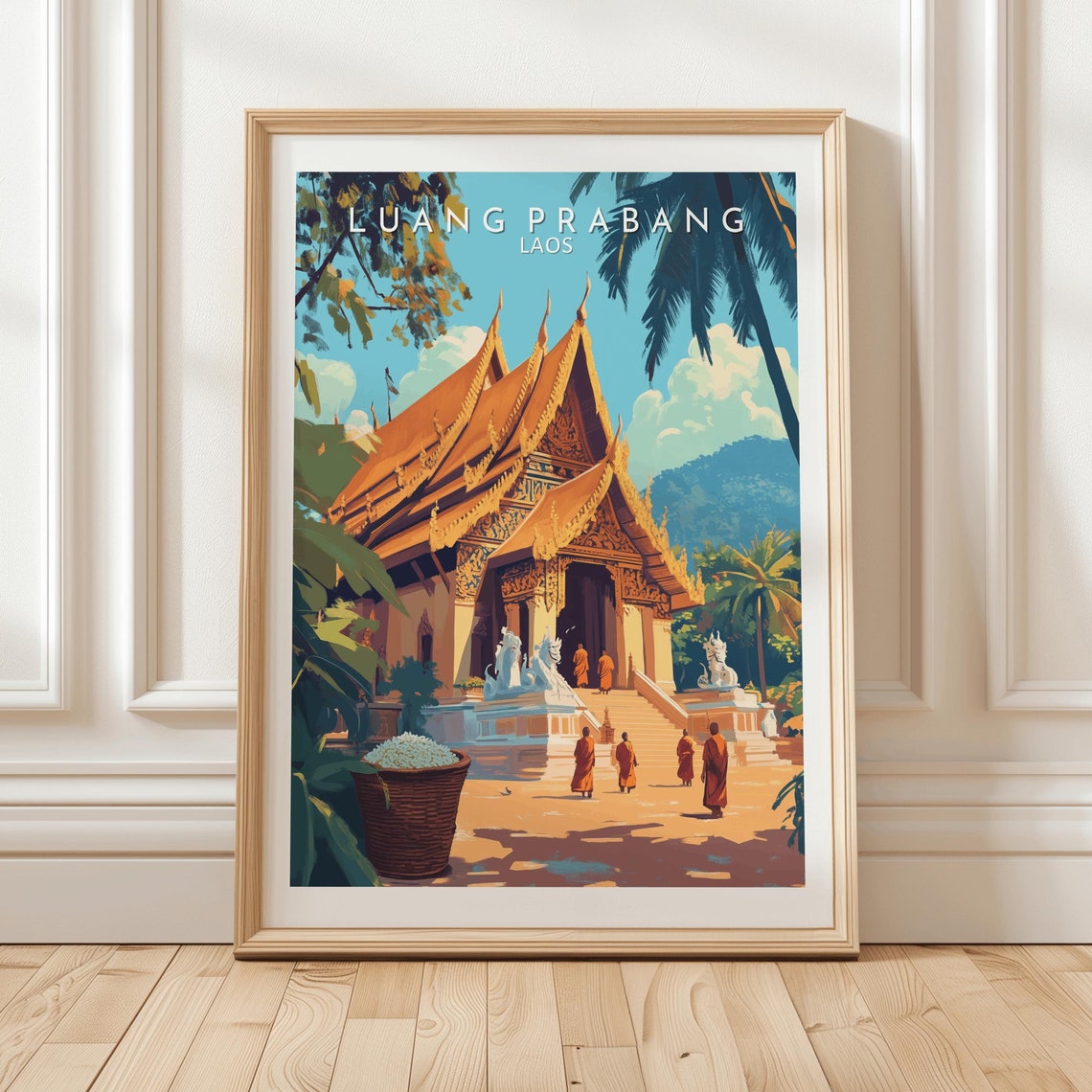 Luang Prabang Laos Golden Temple Monks Tropical Jungle Travel Poster