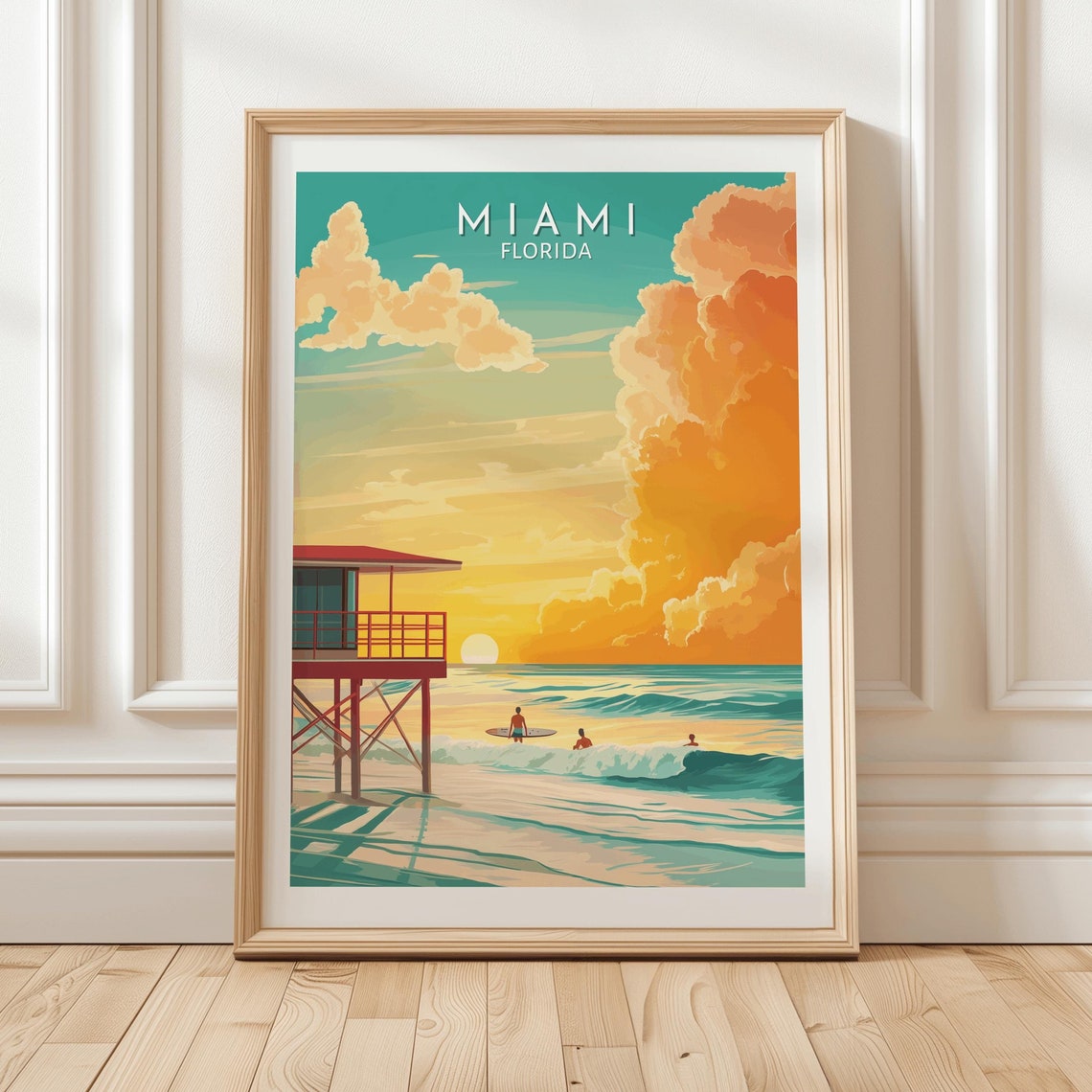 Miami Florida Sunset Beach Surf Poster Lifeguard Tower Waves