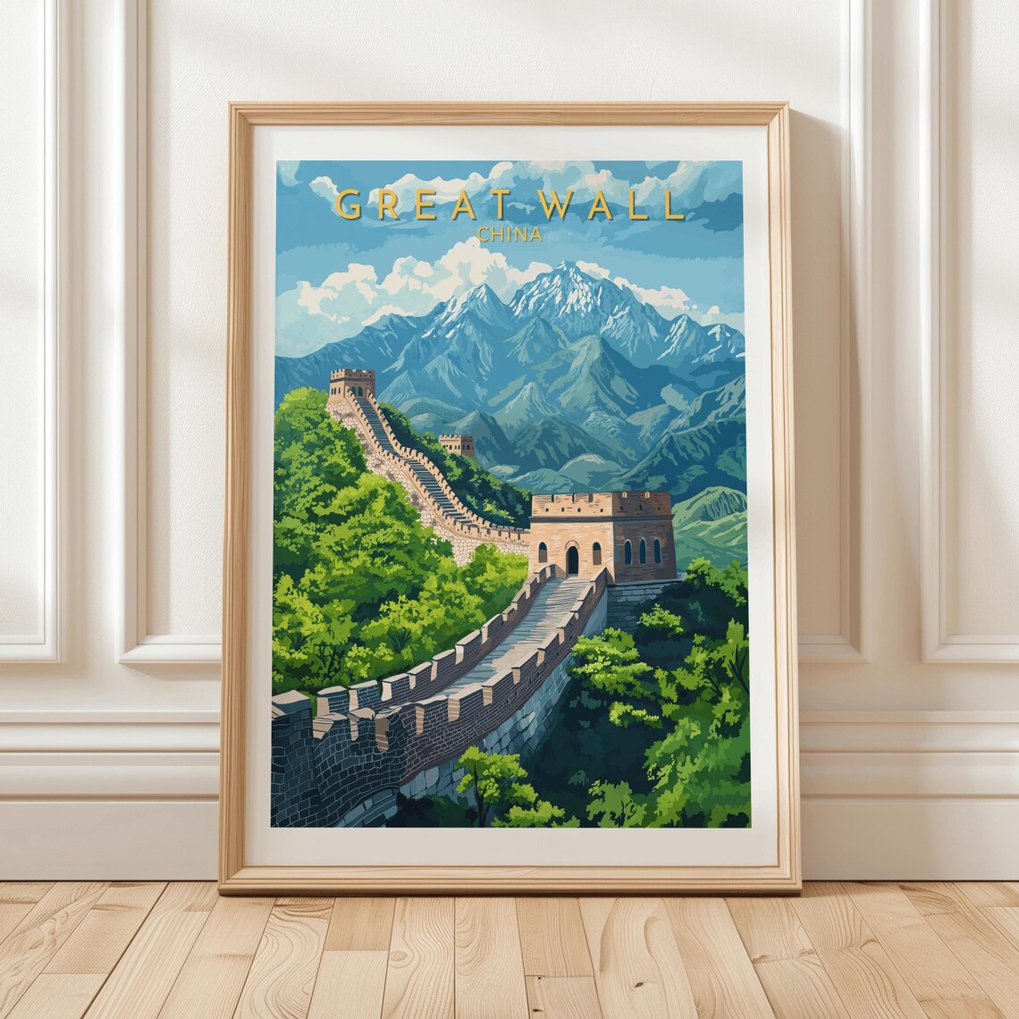 Great Wall China Lush Mountain Snow Peaks Scenic Travel Poster