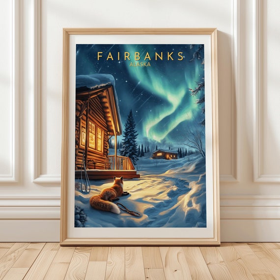 Fairbanks Alaska Winter Cabin Scene With Northern Lights Sled Dog Fox And Snow Covered Landscape Under Arctic Night Sky Unique