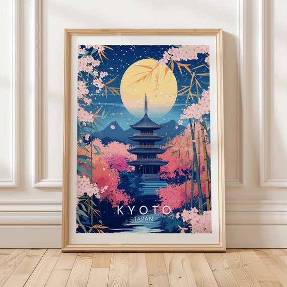 Kyoto Japan Cherry Blossom Night Poster With Full Moon And Pagoda Temple Illustration For Asian Wall Art Japanese Decor Unique Gift