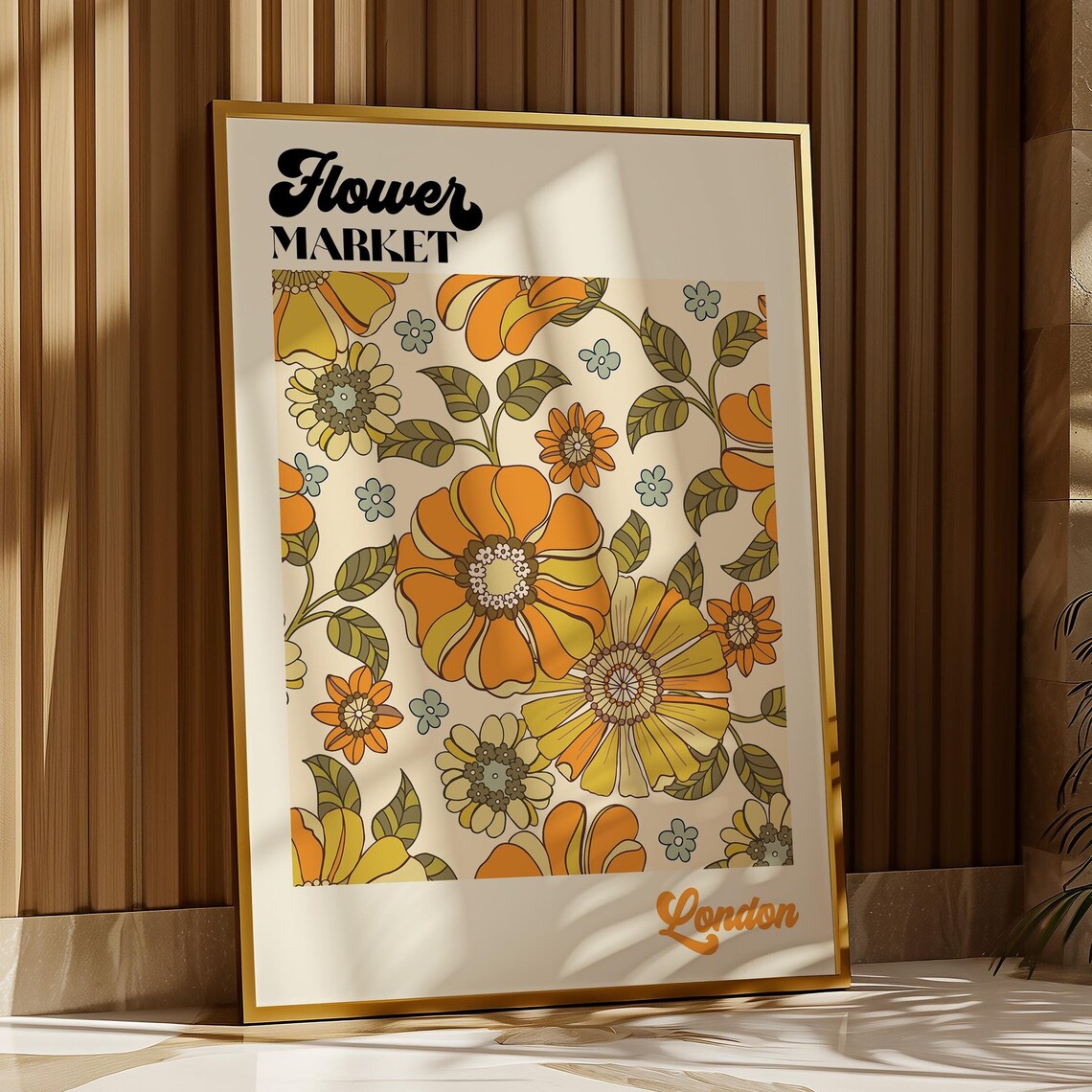 Flower Market London Poster Retro 70s Orange Yellow Floral Design