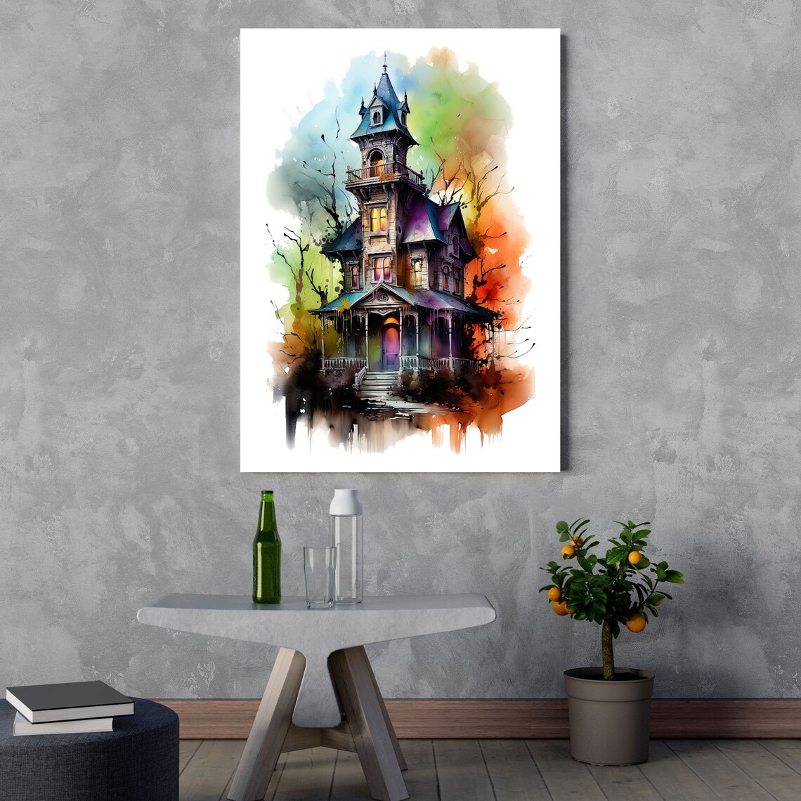 Creepy Watercolor Mansion Halloween Art Print - Image 3