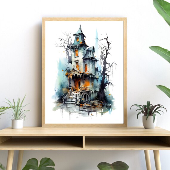 Gothic Mansion Watercolor, Dark Themed Halloween Art