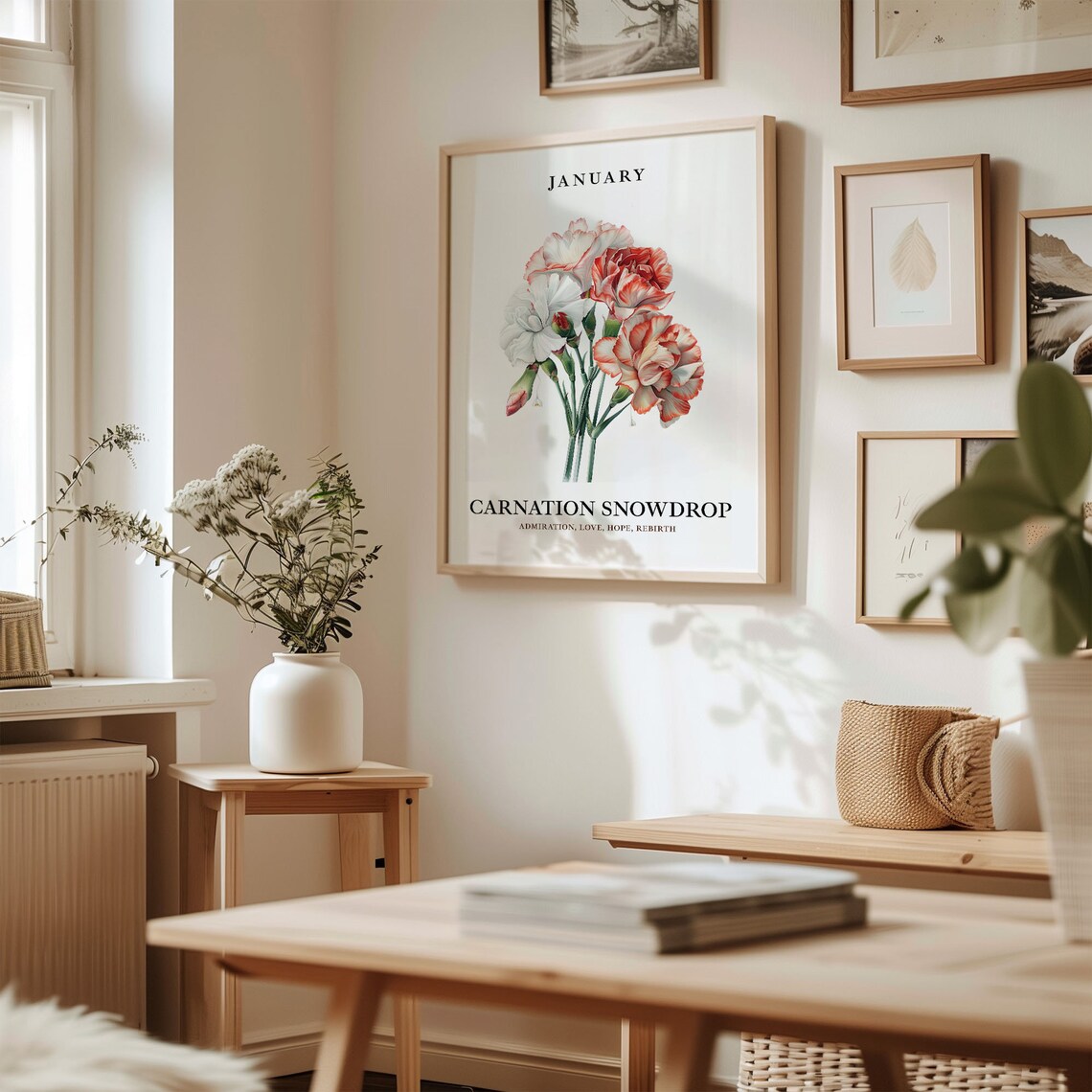 January Flower Art Print, Vintage 1960s Carnation Snowdrop - Image 2