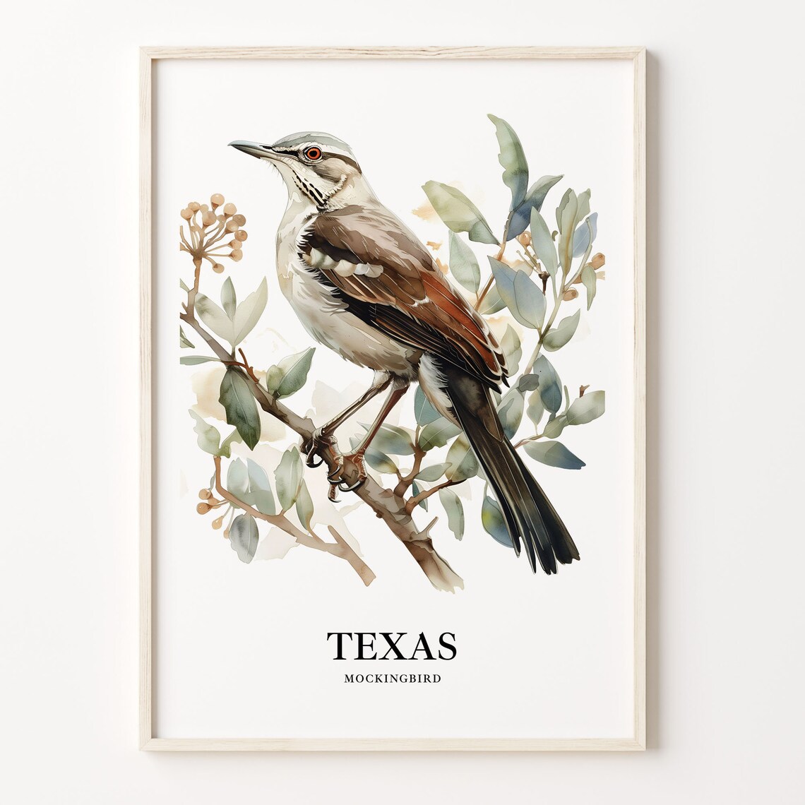 Texas Mockingbird State Bird Watercolor Songbird Branch Art Poster