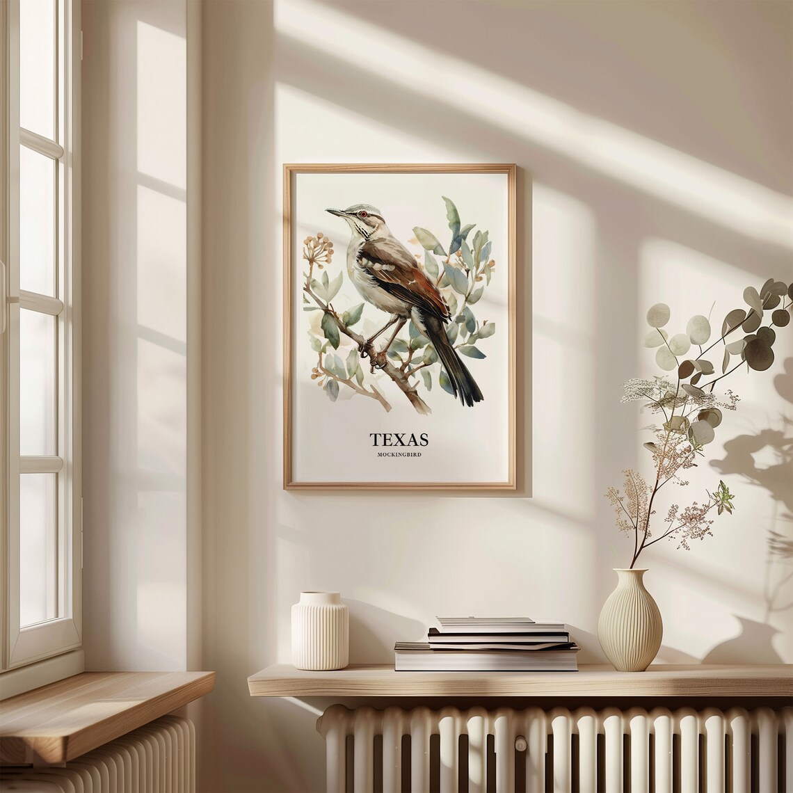 Texas Mockingbird State Bird Watercolor Songbird Branch Art Poster - Image 3
