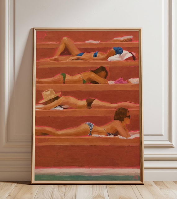 Sunbathing Women Pool Deck Painting Poster Retro Beach Loungers Wall Decor