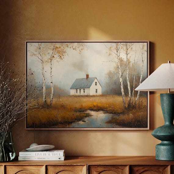 Misty Autumn Cottage Landscape, Rustic Fall Scene