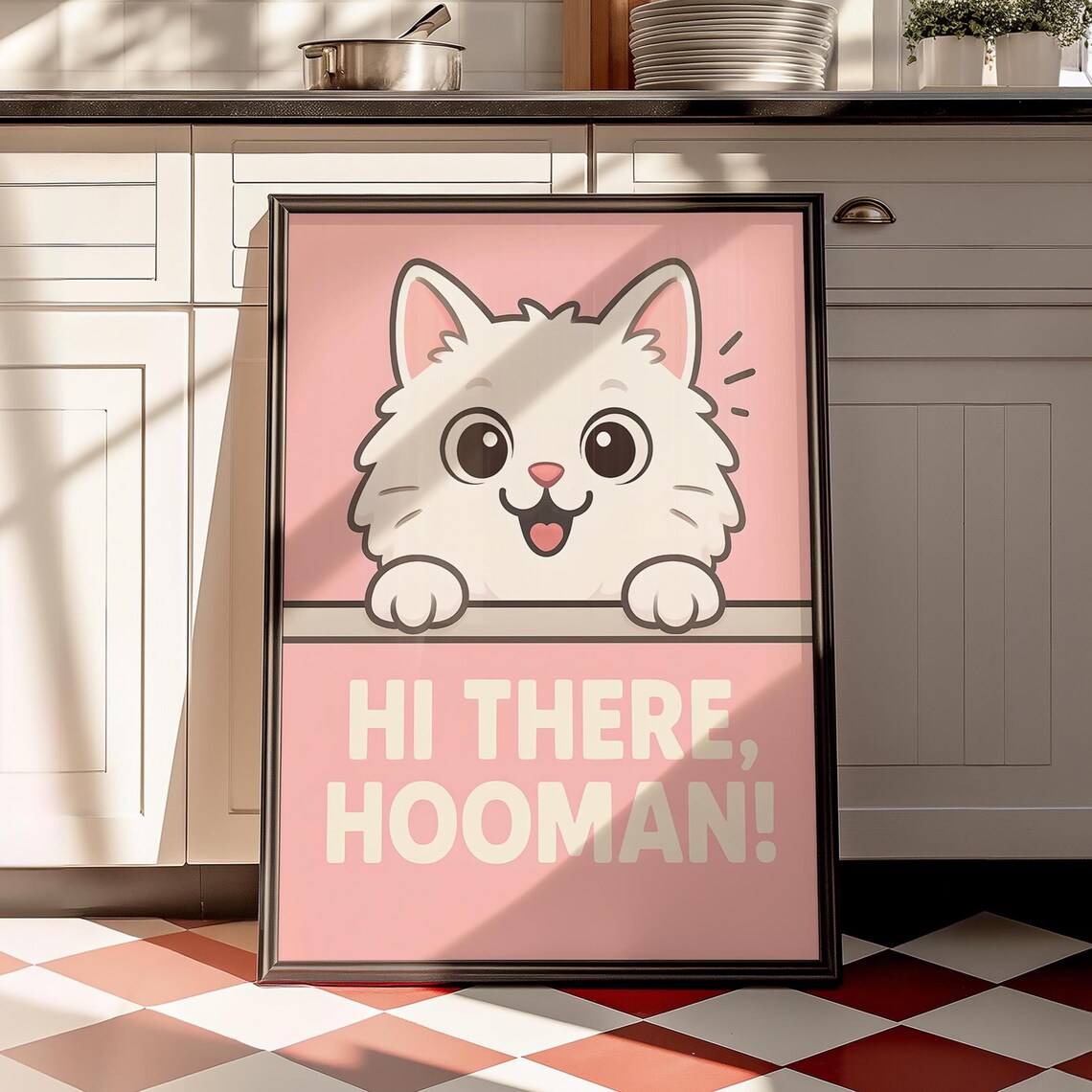 Fluffy White Cat Poster, Whimsical Minimalist Art