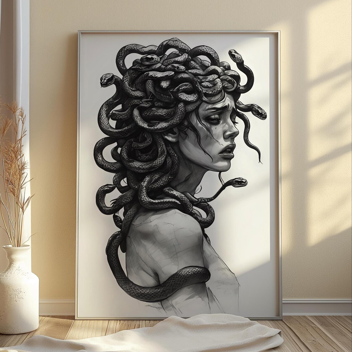 Medusa Sketch Print, Mythology Portrait Art