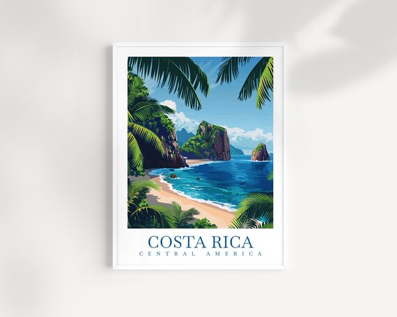 Costa Rica Tropical Beach Rocky Cliffs Palm Trees Travel Poster