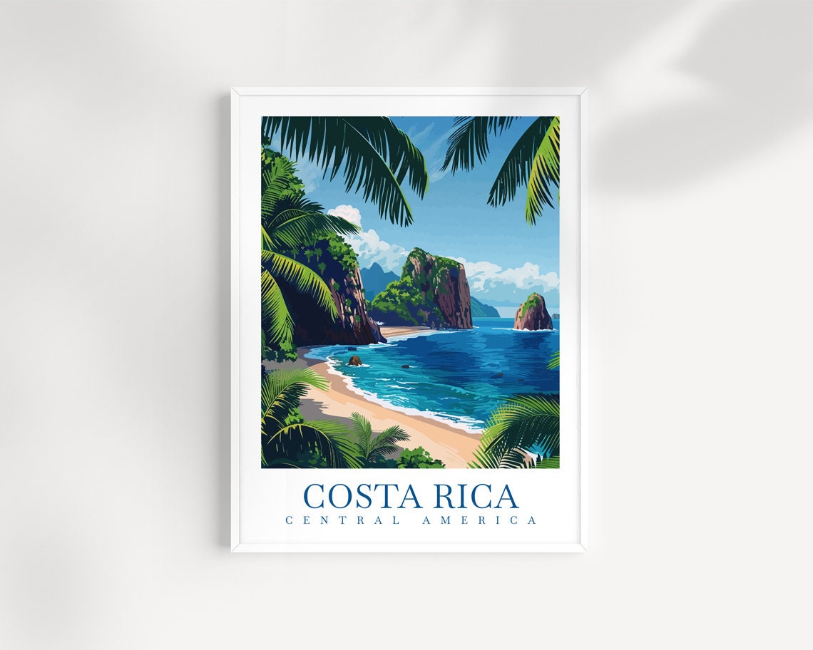 Costa Rica Tropical Beach Rocky Cliffs Palm Trees Travel Poster