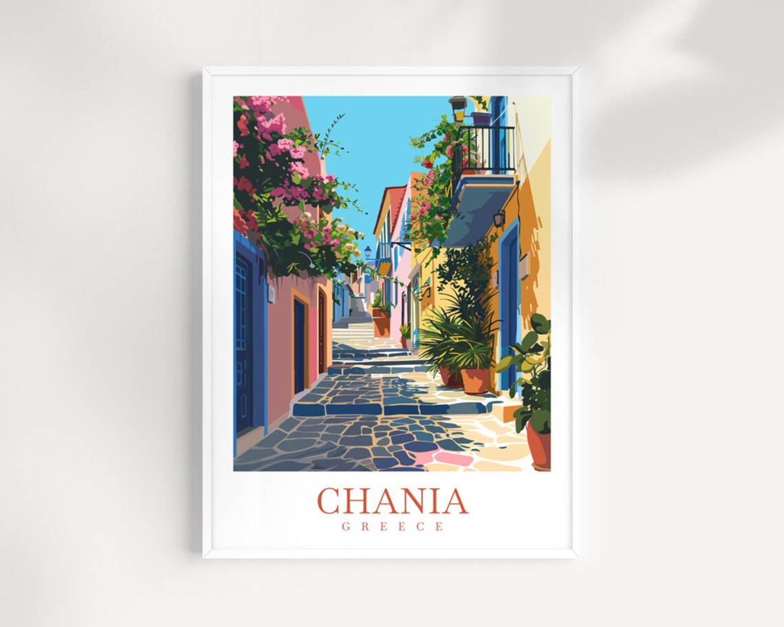 Chania Greece Lane Wall Art Colorful Balconies Flower Street Scene