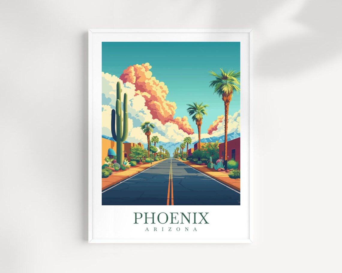 Phoenix Arizona Desert Road Cacti Palm Trees Vintage Travel Poster