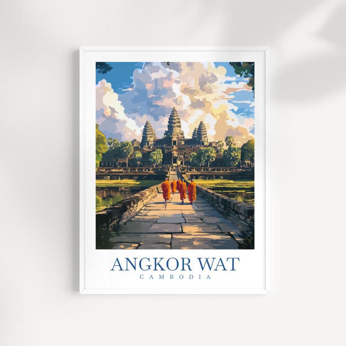Angkor Wat Cambodia Monks Stone Causeway Temple Travel Poster