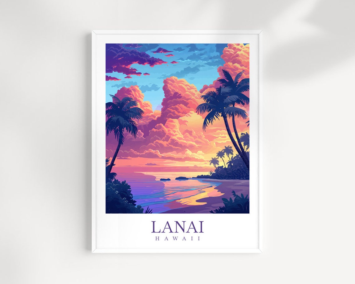 Lanai Hawaii Sunset Beach Palm Trees Tropical Scenic Travel Poster