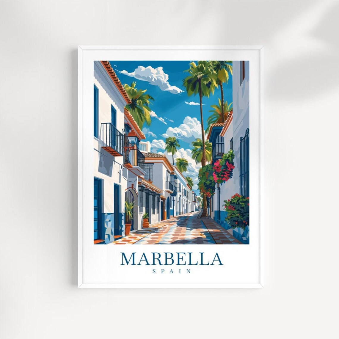 Marbella Spain Palm Lined White Street Blue Balconies Travel Poster
