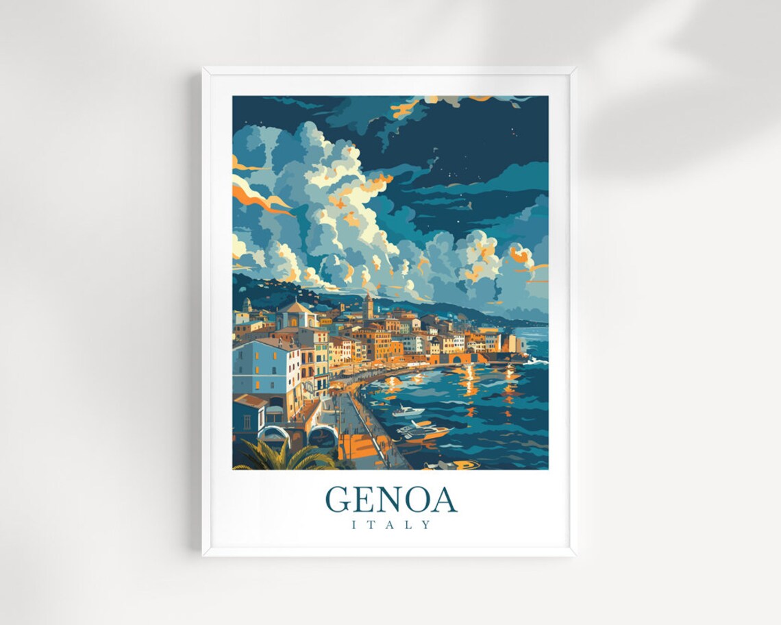 Genoa Italy Harbor at Dusk with Boats and City Lights Travel Poster