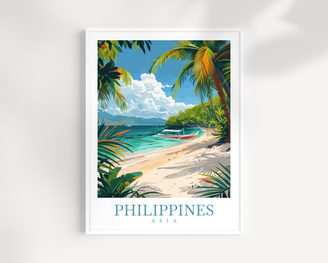 Philippines Asia Tropical Beach Boat Palm Trees Vintage Travel Poster