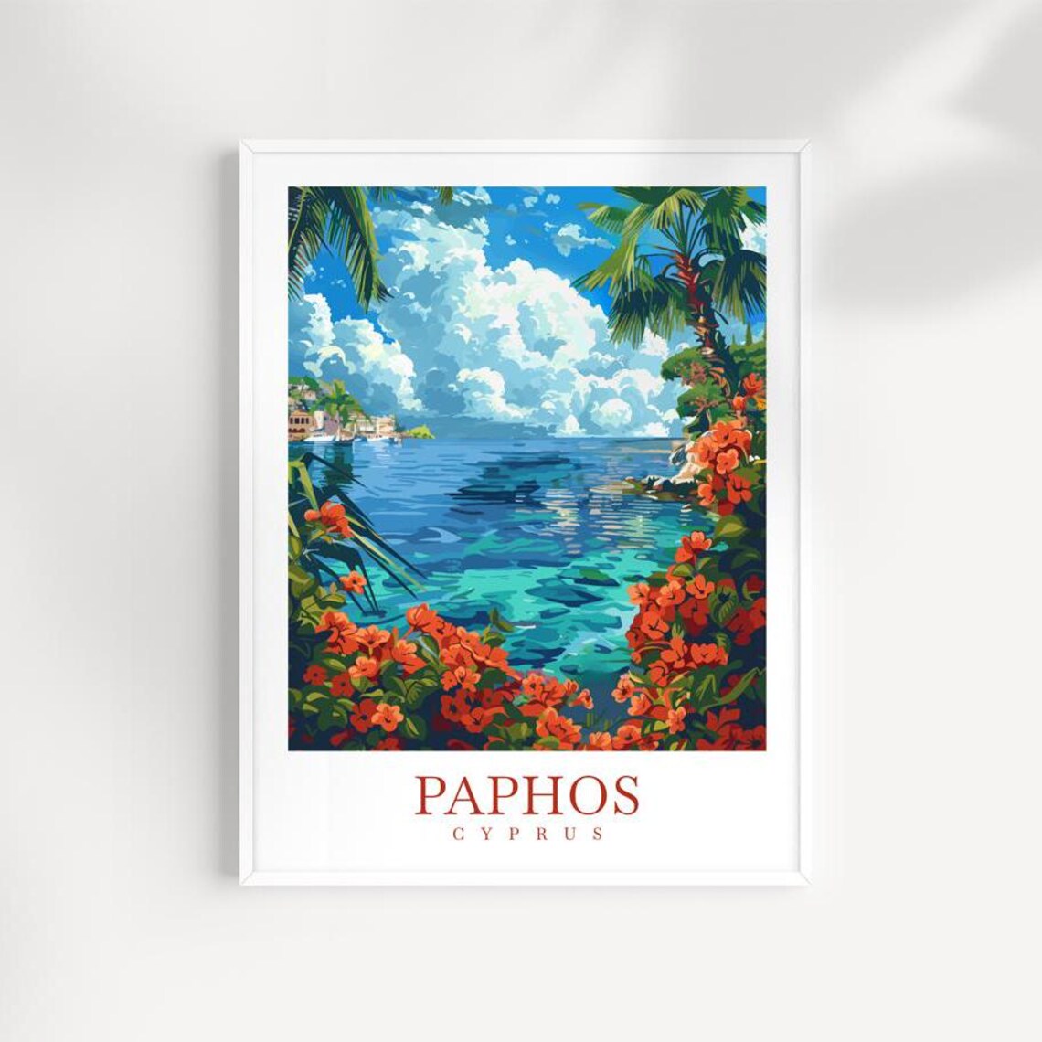 Paphos Cyprus Turquoise Lagoon Palm Trees Orange Flowers Travel Poster