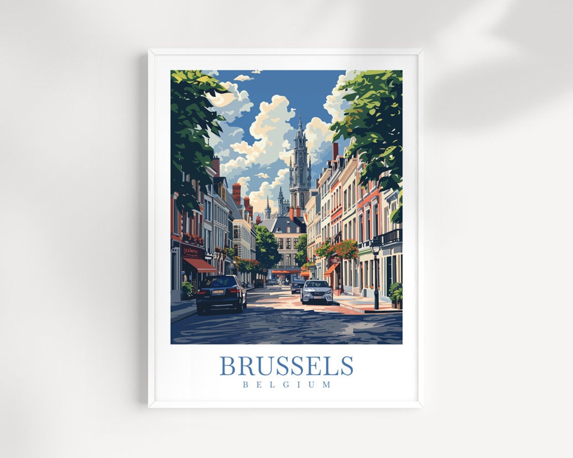 Brussels Old Town Street With Historic Spire Belgium Travel Poster