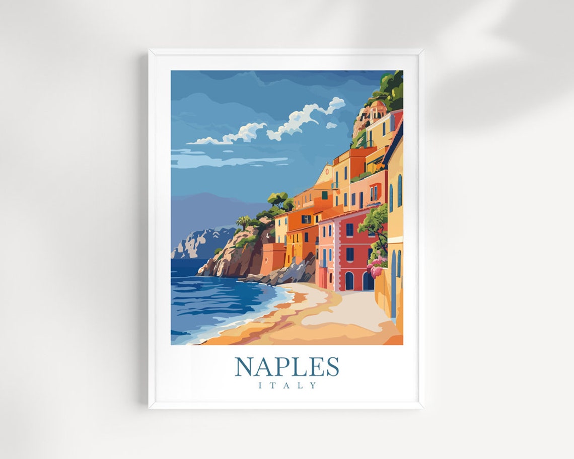 Naples Italy Cliffside Village Beach Seaside Illustration Poster