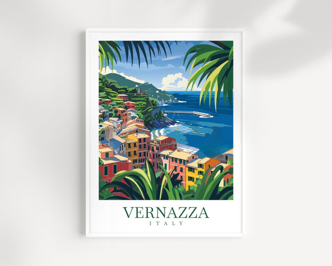 Vernazza Italy Cliffside Coastal Village Framed by Palm Leaves Poster