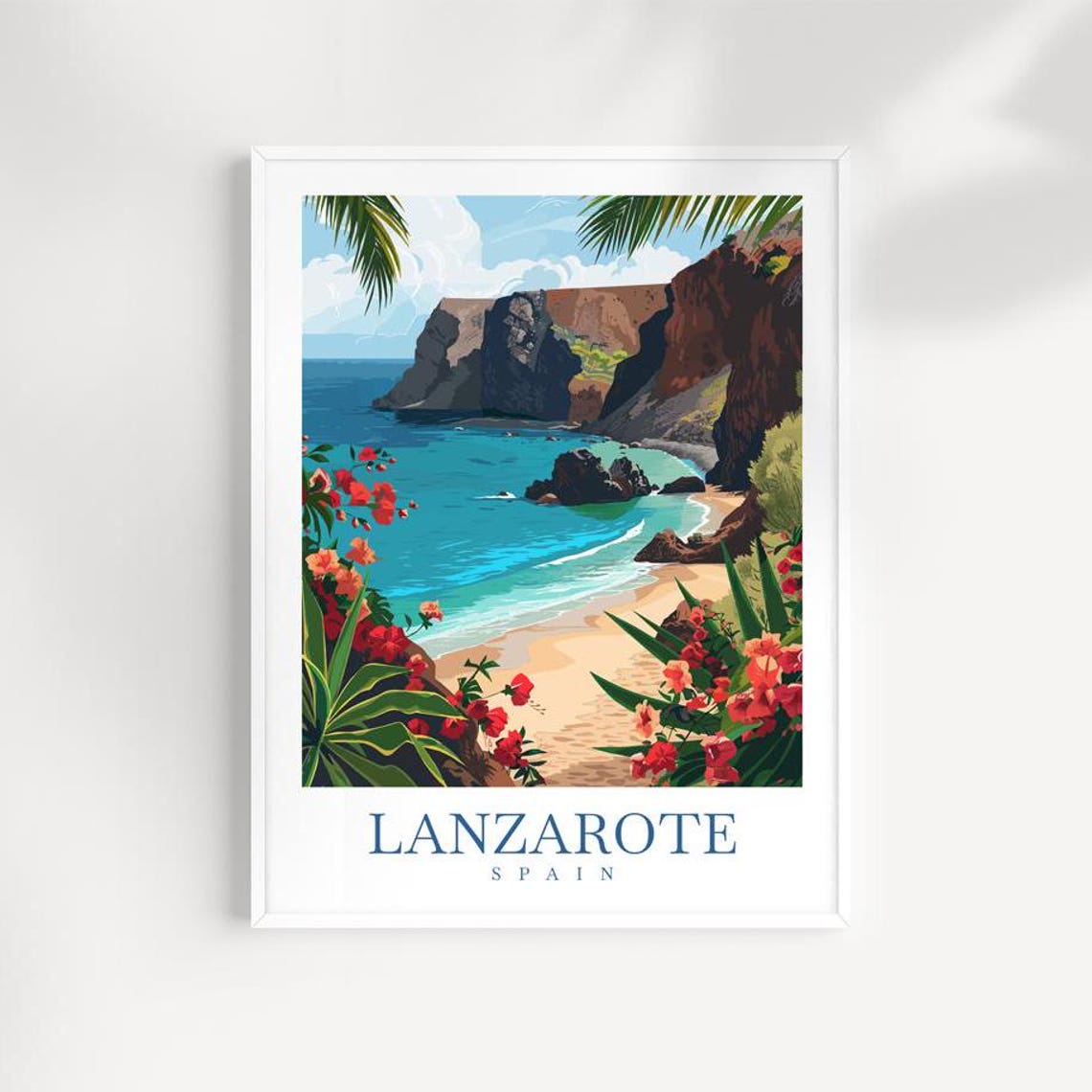Lanzarote Spain Volcanic Cliffs Hidden Cove Beach Travel Poster