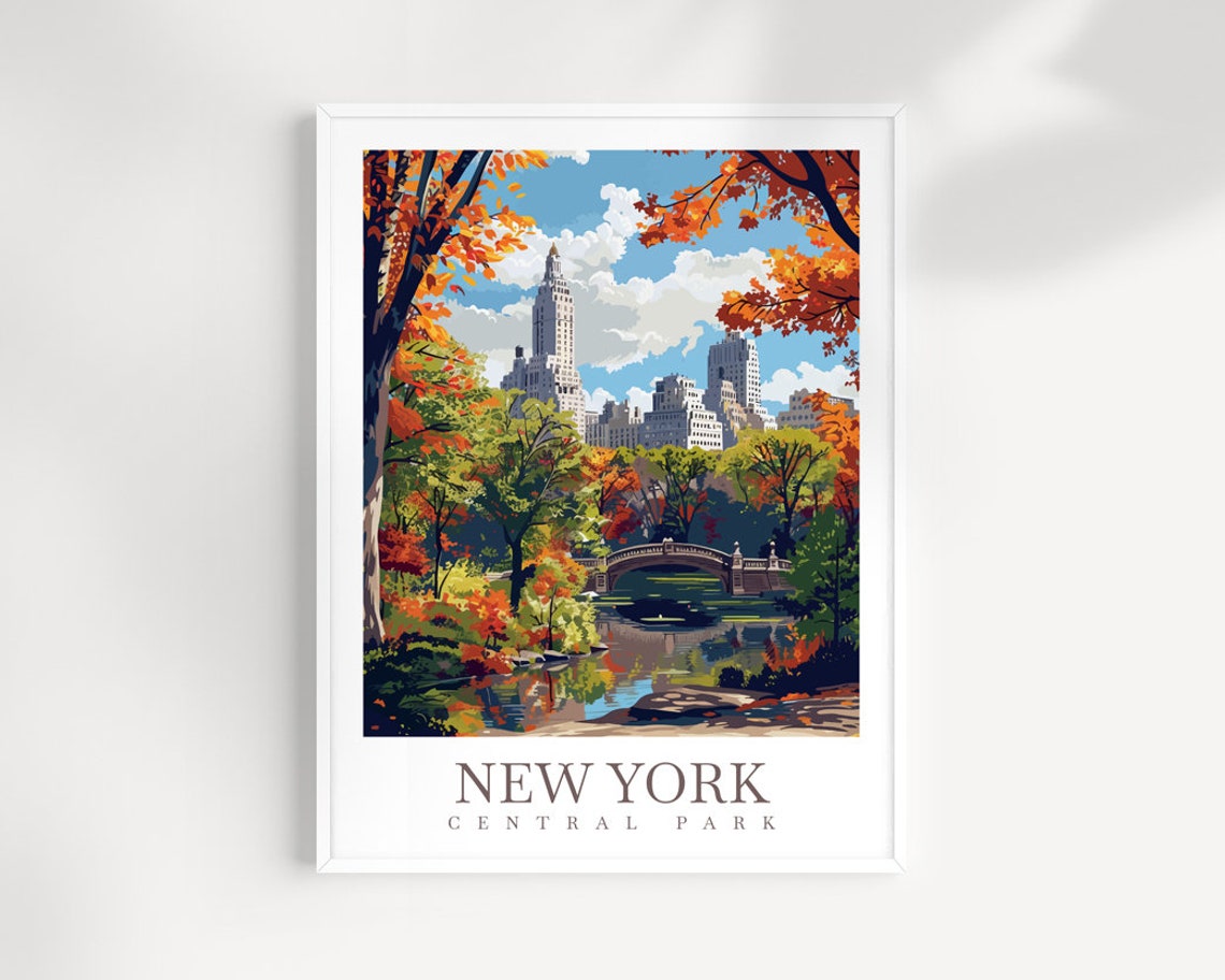 Central Park New York City Autumn Bow Bridge Fall Travel Poster