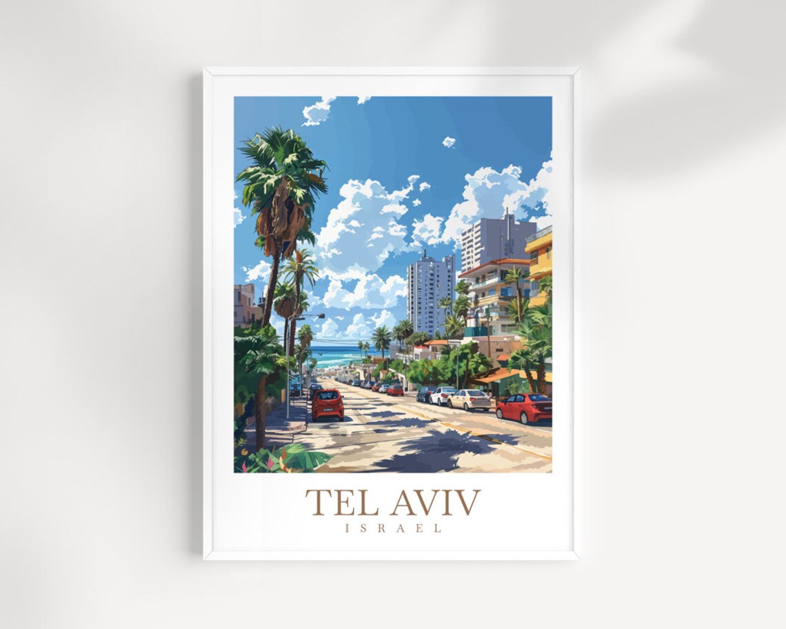Tel Aviv Israel Palm Boulevard Beach Street Vintage Travel Poster